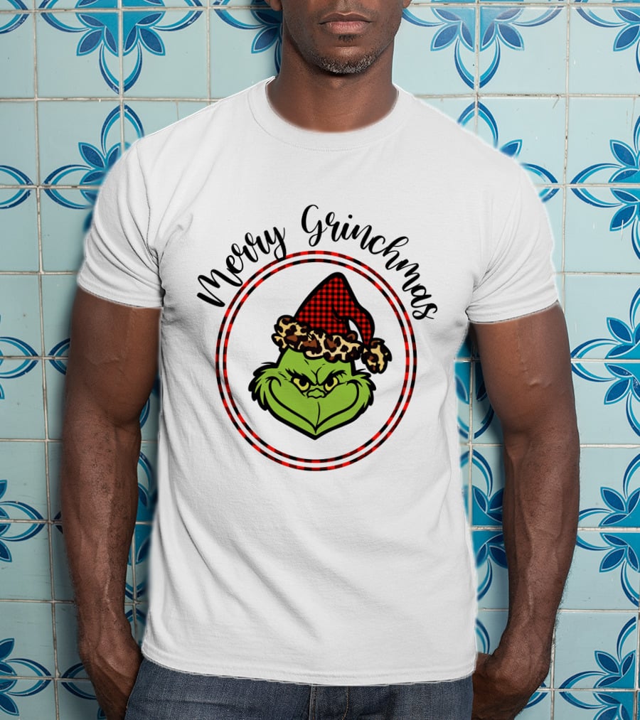 Merry Grinchmas Plaid Santa Hat Grinch Face T-Shirt