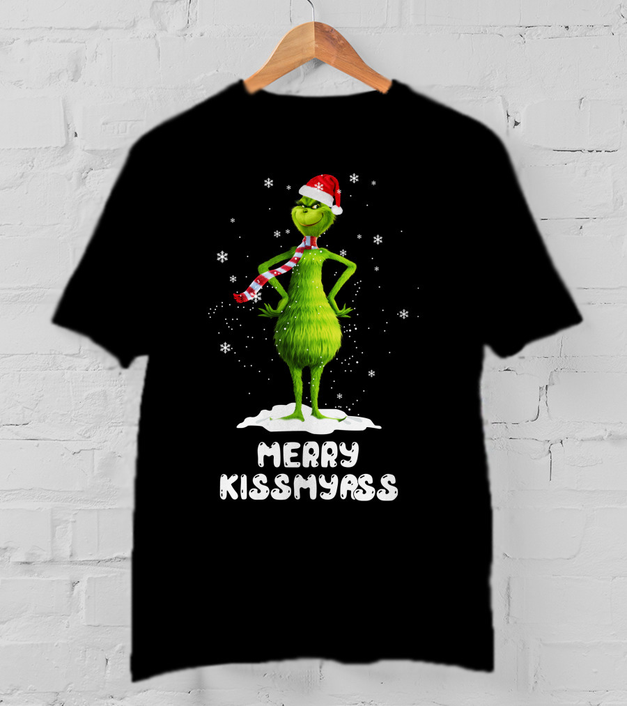 Merry KissMyAss Grinch Santa Hat Scarf Snowflakes T-Shirt