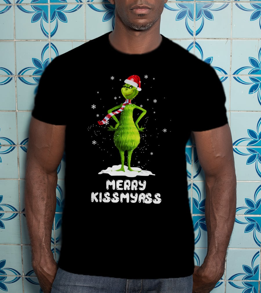 Merry KissMyAss Grinch Santa Hat Scarf Snowflakes T-Shirt
