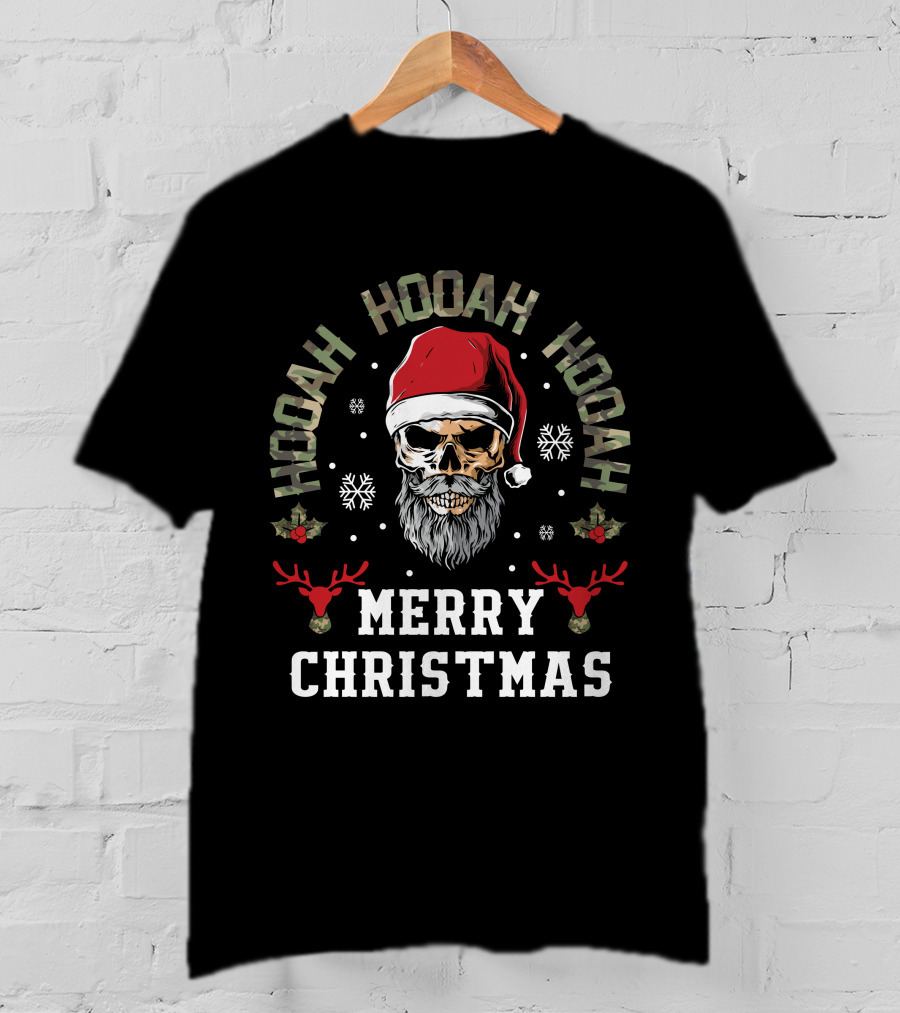 Hooah Hooah Hooah Merry Christmas Skull Santa Hat Reindeer T-Shirt