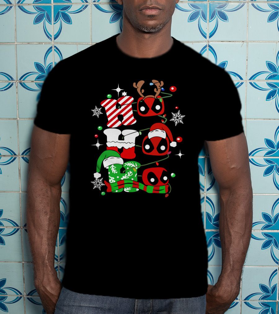 Deadpool Ho Ho Ho Christmas Reindeer Antlers Santa Hat Snowflakes T-Shirt