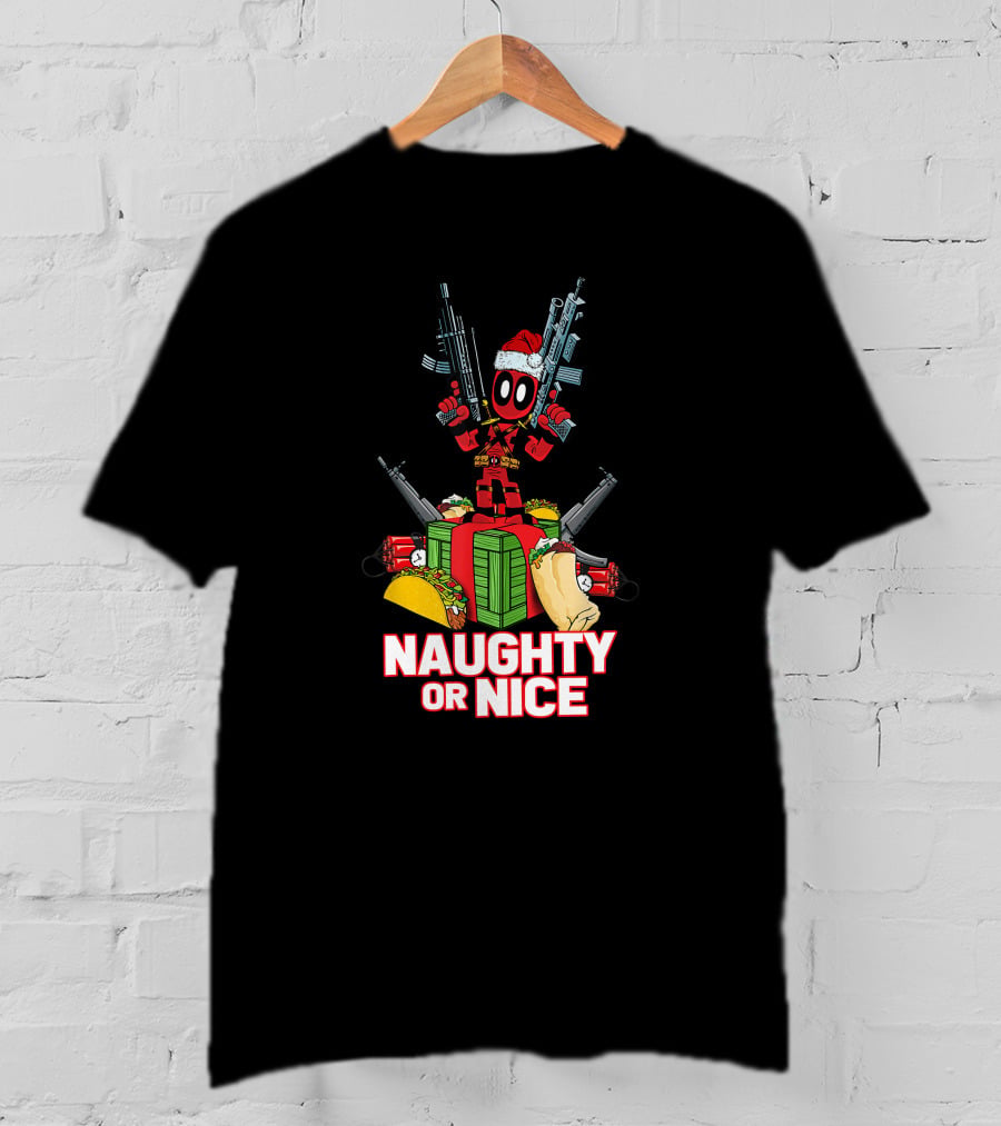 Naughty Or Nice Deadpool Christmas Guns Tacos Burritos T-Shirt