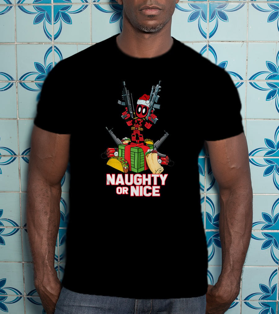 Naughty Or Nice Deadpool Christmas Guns Tacos Burritos T-Shirt
