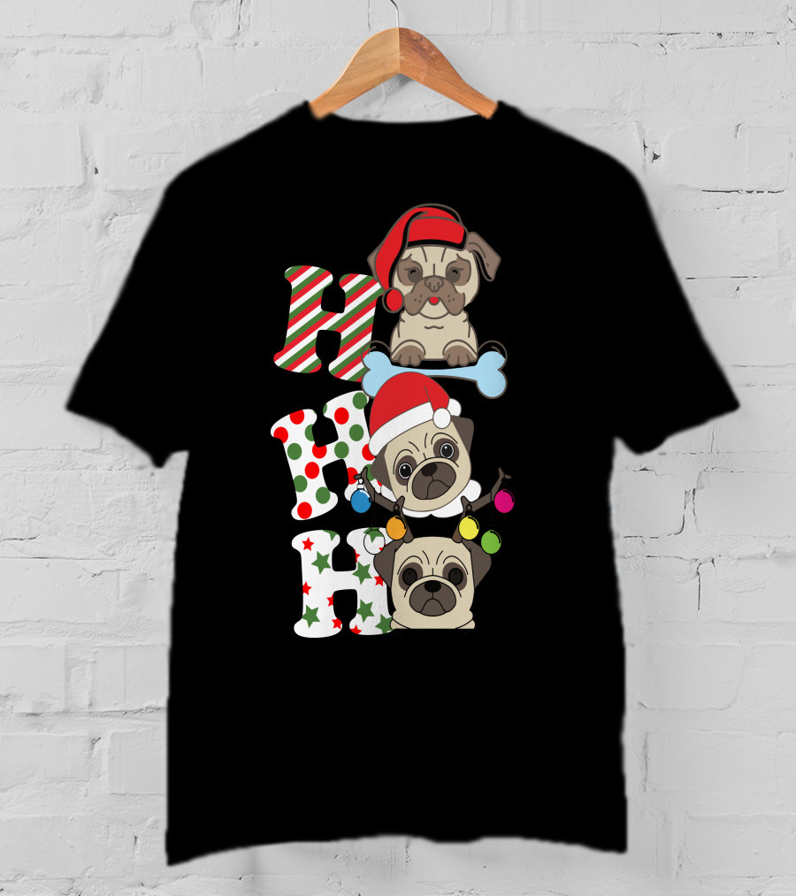 Ho Ho Ho Christmas Pug With Santa Hats And Holiday Lights T-Shirt