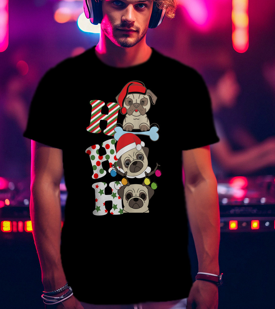 Ho Ho Ho Christmas Pug With Santa Hats And Holiday Lights T-Shirt