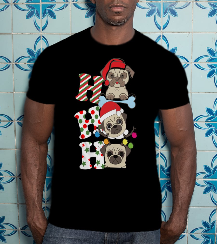 Ho Ho Ho Christmas Pug With Santa Hats And Holiday Lights T-Shirt