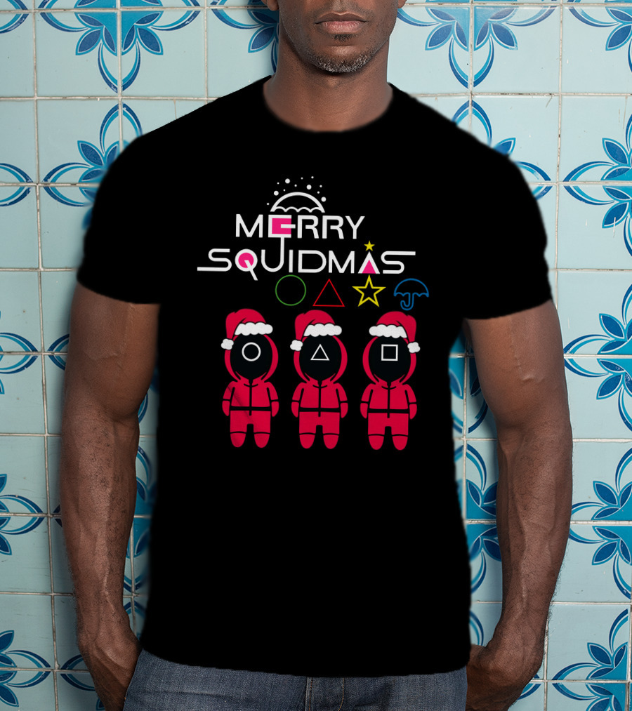 Merry Squidmas Santa Suit Guards Holiday Symbols T-Shirt