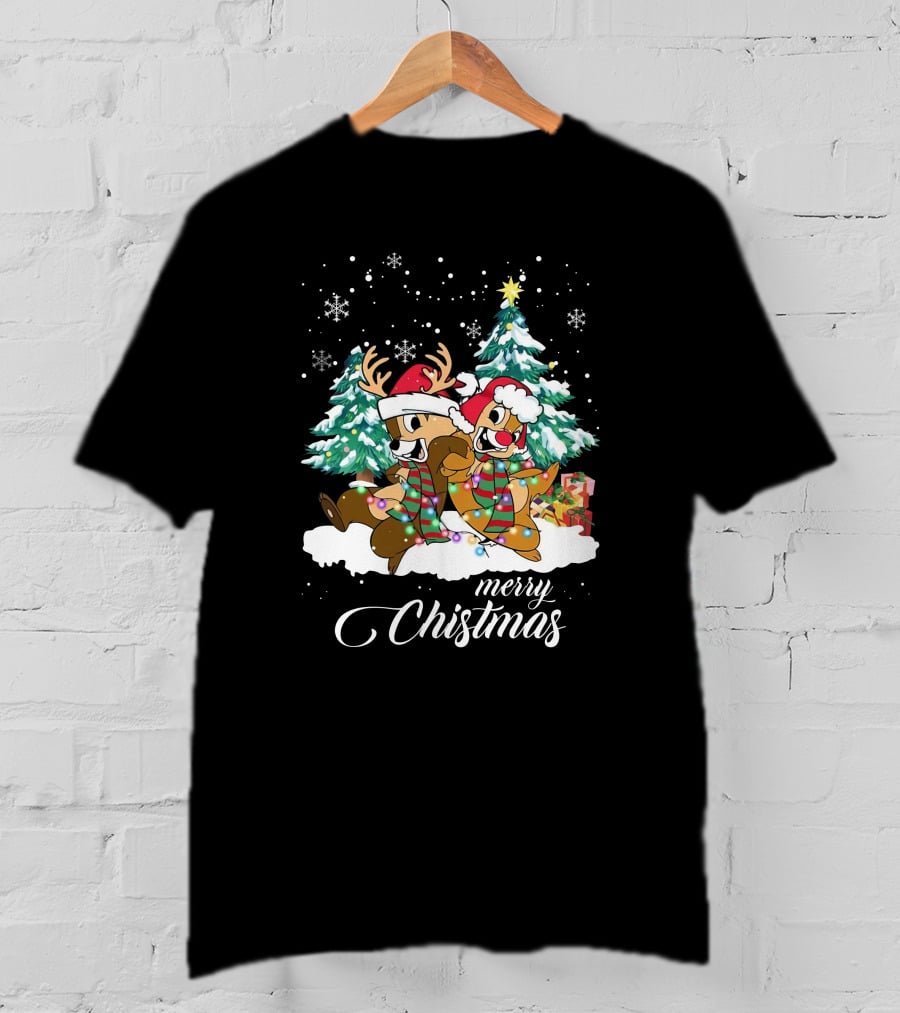 Merry Christmas Chip And Dale Holiday Cheer Reindeer Antlers Santa Hats Winter Wonderland T-Shirt