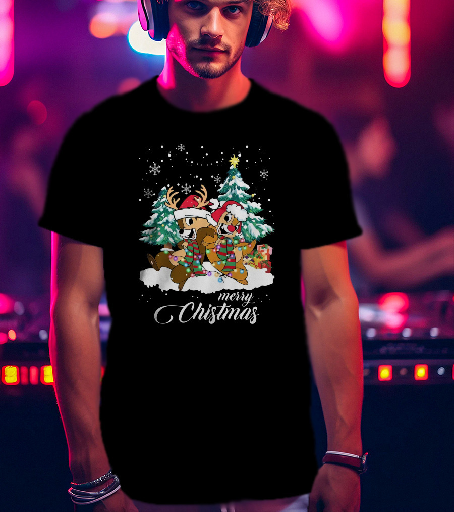 Merry Christmas Chip And Dale Holiday Cheer Reindeer Antlers Santa Hats Winter Wonderland T-Shirt