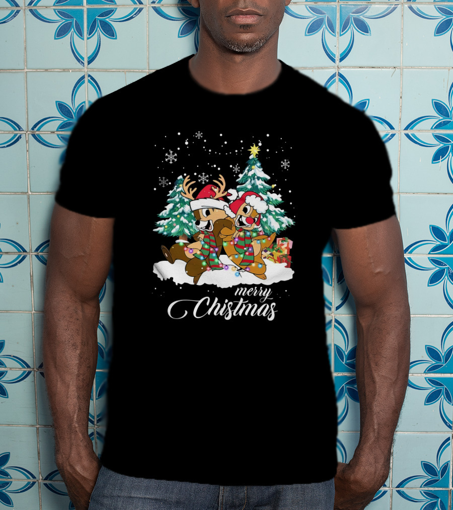 Merry Christmas Chip And Dale Holiday Cheer Reindeer Antlers Santa Hats Winter Wonderland T-Shirt