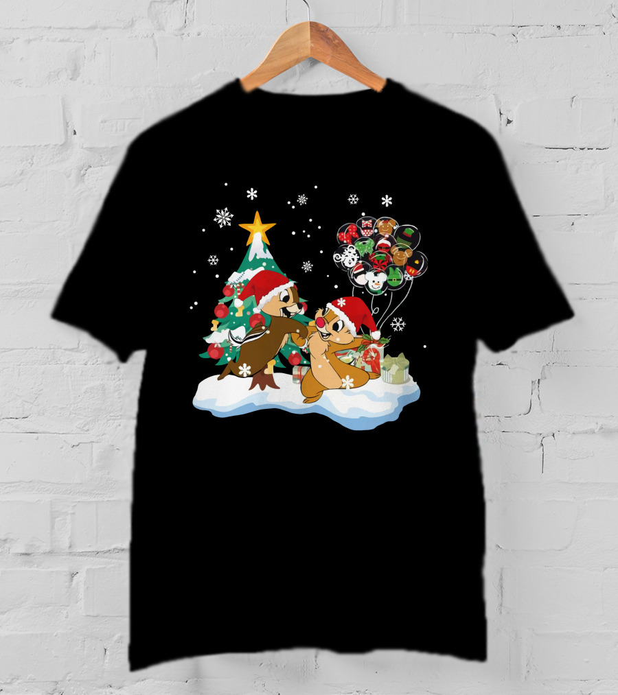 Chip And Dale Christmas Tree Santa Hats Snowflakes Balloons T-Shirt