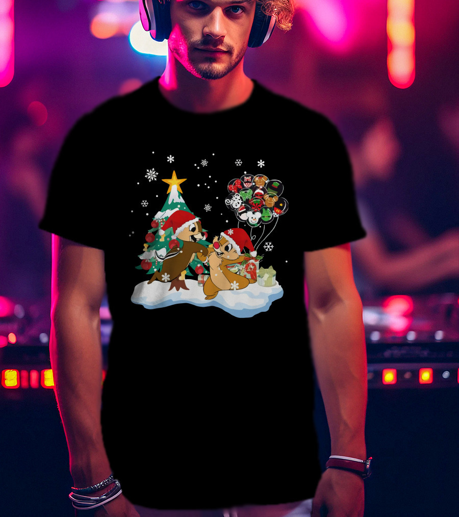 Chip And Dale Christmas Tree Santa Hats Snowflakes Balloons T-Shirt