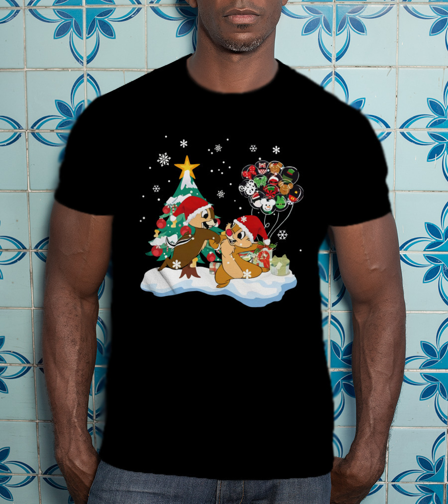 Chip And Dale Christmas Tree Santa Hats Snowflakes Balloons T-Shirt