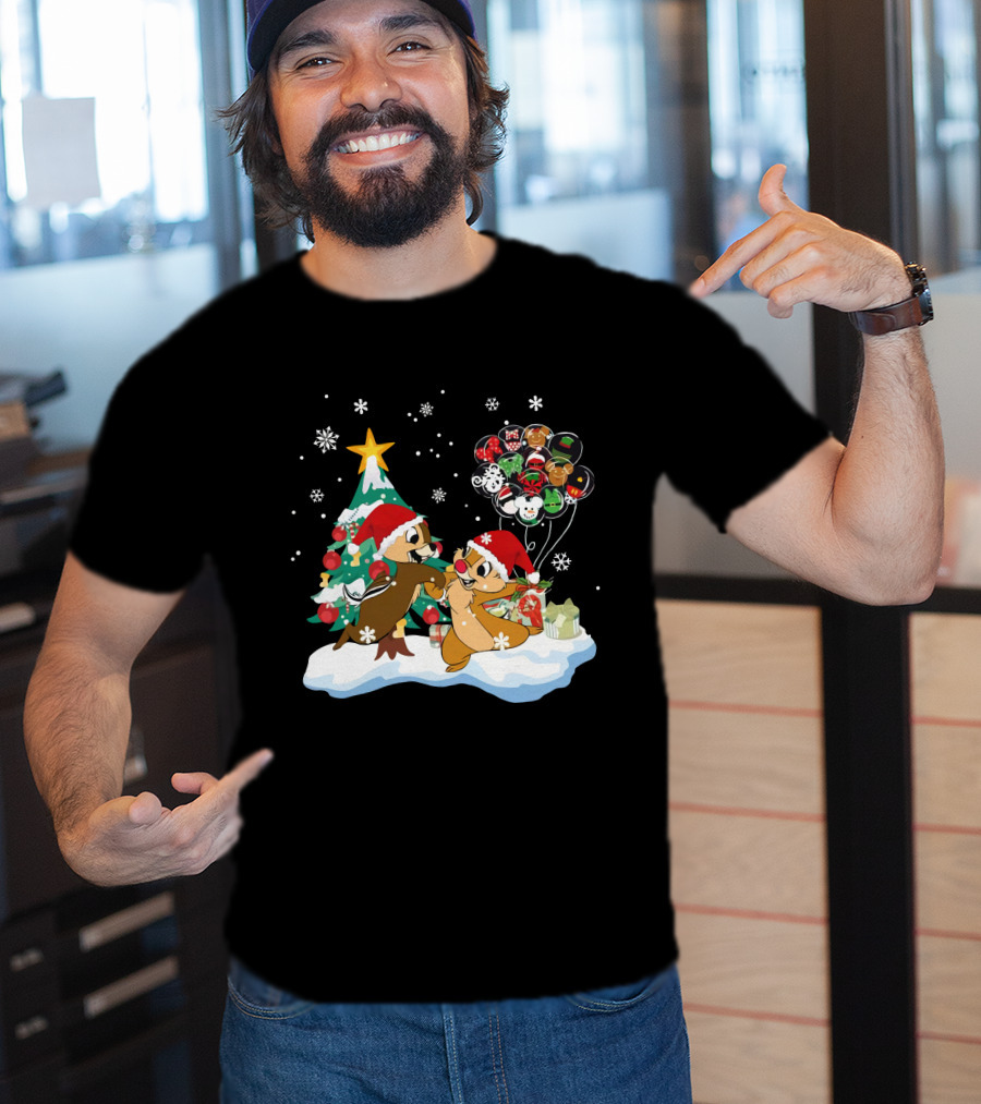 Chip And Dale Christmas Tree Santa Hats Snowflakes Balloons T-Shirt