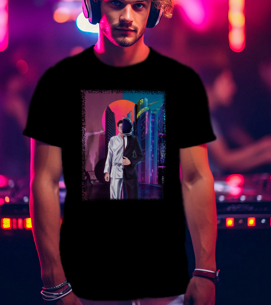 Half Taekwondo Spaceman Futuristic Cityscape Duality T-Shirt