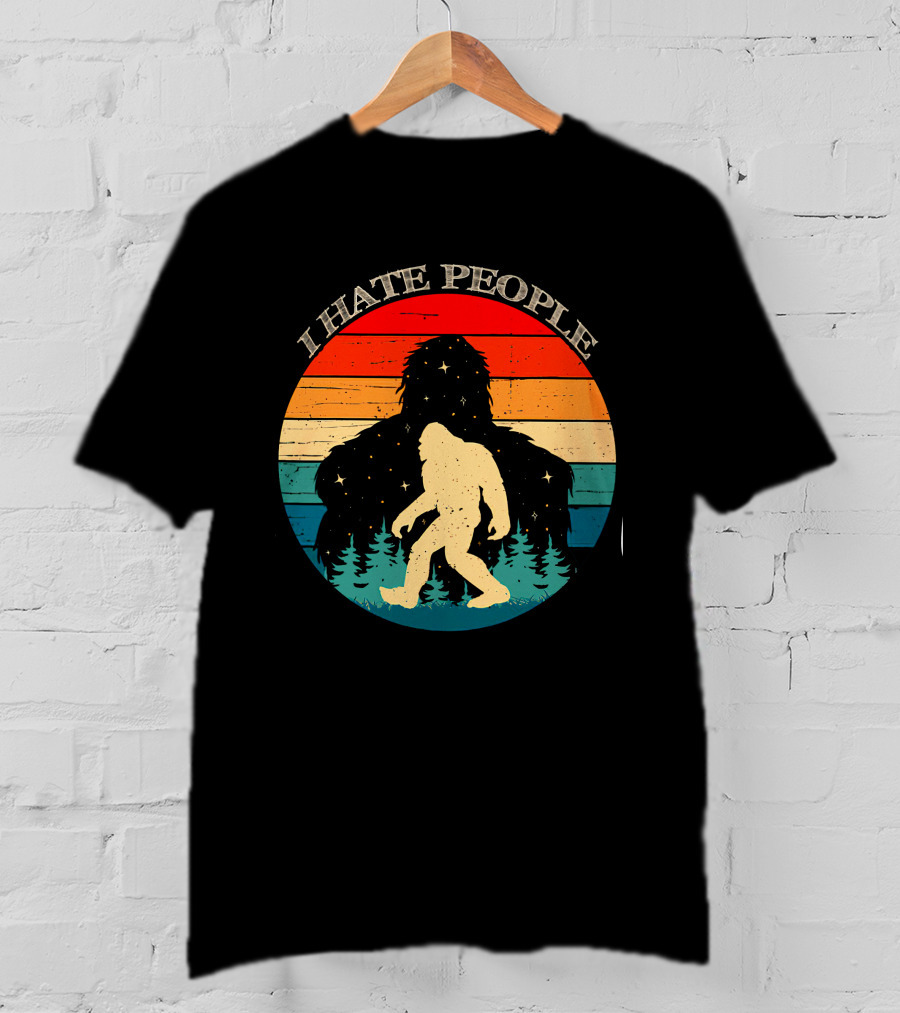 I Hate People Bigfoot Retro Sunset Forest Scene T-Shirt