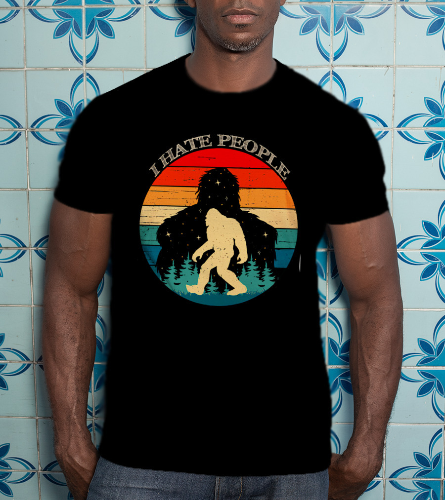 I Hate People Bigfoot Retro Sunset Forest Scene T-Shirt