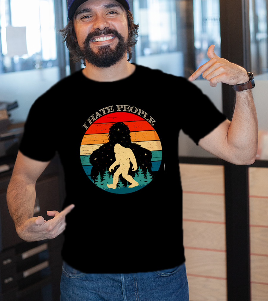 I Hate People Bigfoot Retro Sunset Forest Scene T-Shirt