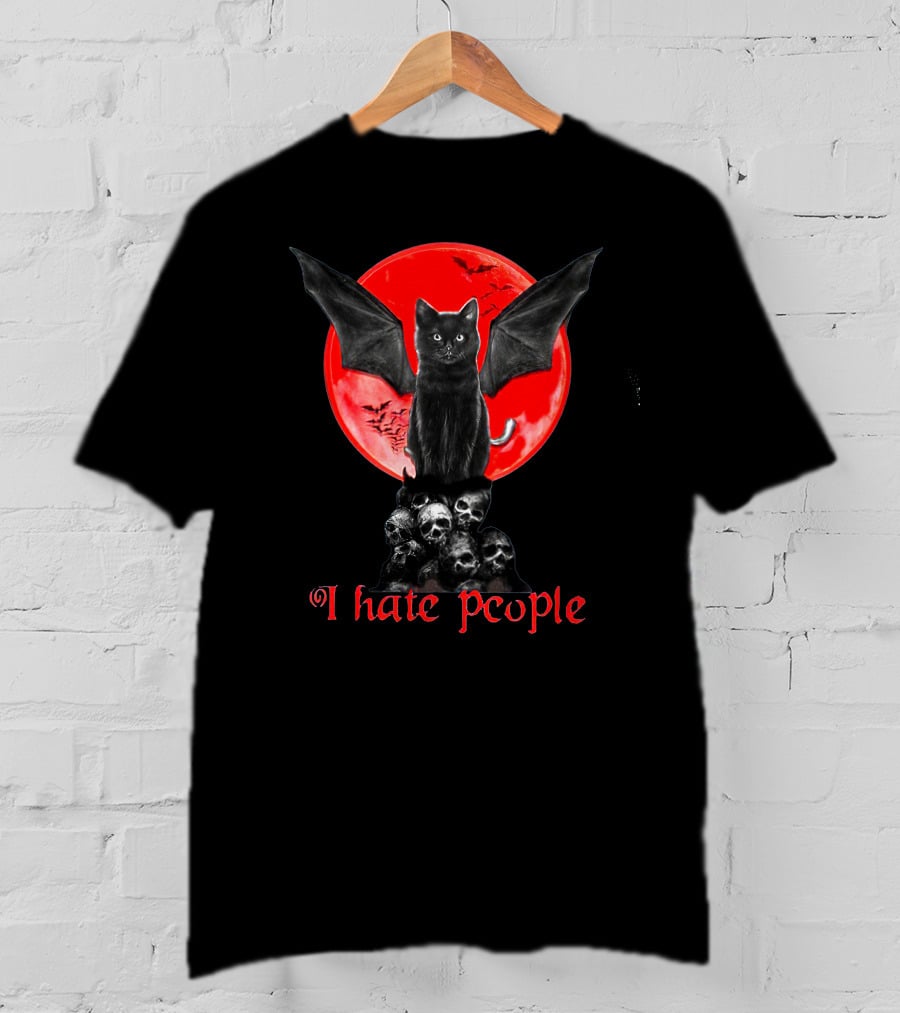 I Hate People Black Cat Bat Wings Skulls Red Moon T-Shirt