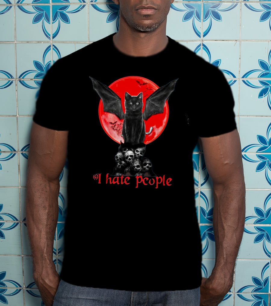 I Hate People Black Cat Bat Wings Skulls Red Moon T-Shirt