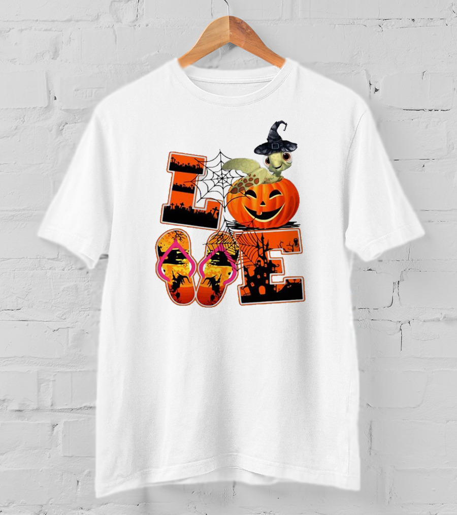 Halloween Love Turtle Pumpkin Spider Web Flip Flops T-Shirt