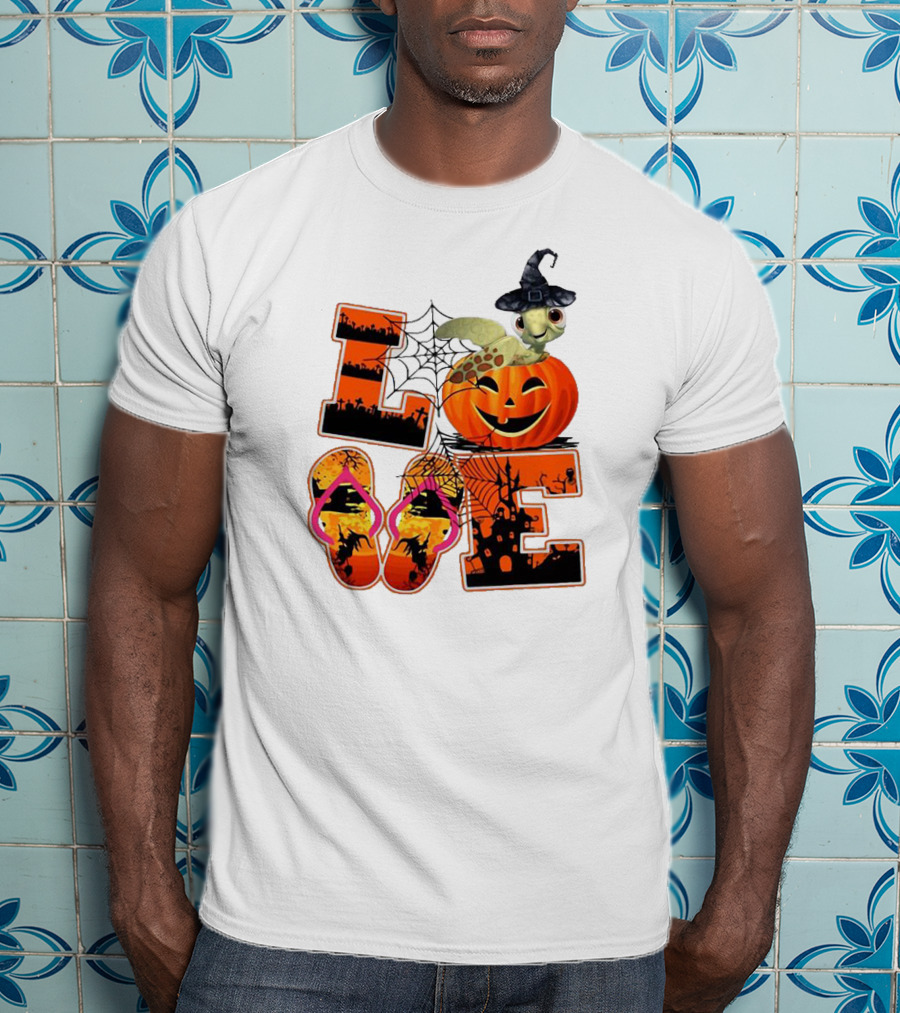 Halloween Love Turtle Pumpkin Spider Web Flip Flops T-Shirt