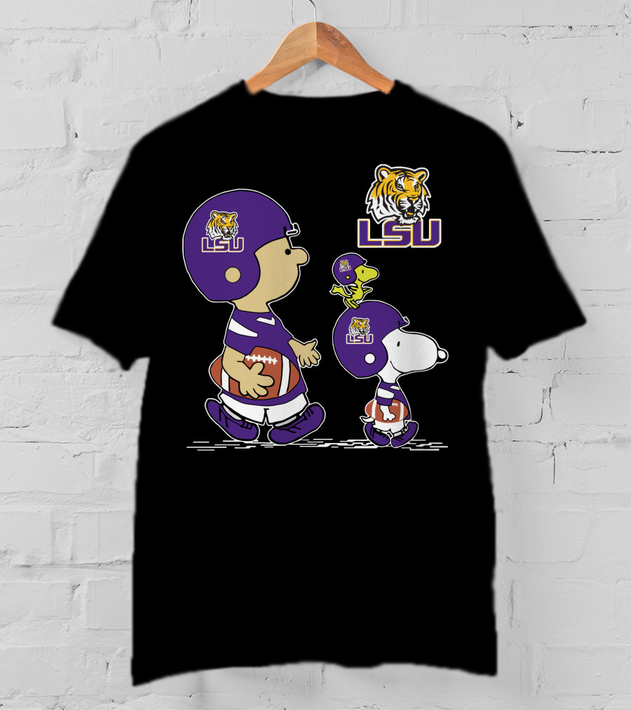 Peanuts Characters In LSU Tigers Football Gear With Helmet And Football T-Shirt