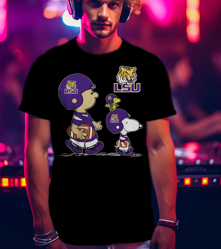 Peanuts Characters In LSU Tigers Football Gear With Helmet And Football T-Shirt