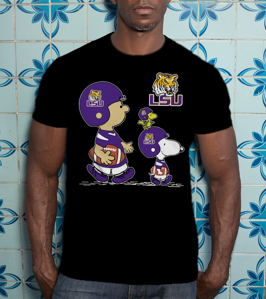 Peanuts Characters In LSU Tigers Football Gear With Helmet And Football T-Shirt