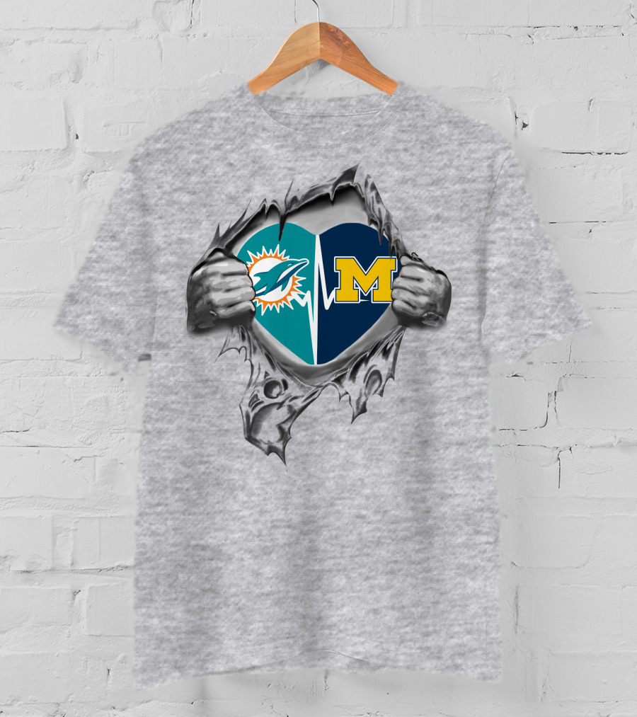 Miami Dolphins Michigan Wolverines Heart Torn T-Shirt