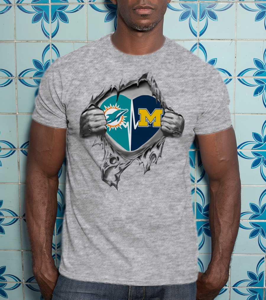 Miami Dolphins Michigan Wolverines Heart Torn T-Shirt