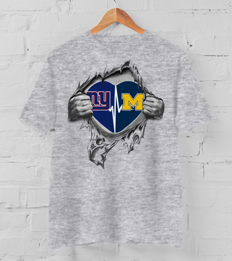 Michigan Wolverines New York Giants Heartbeat Fusion Icon With Logos In Heart-Shaped T-Shirt
