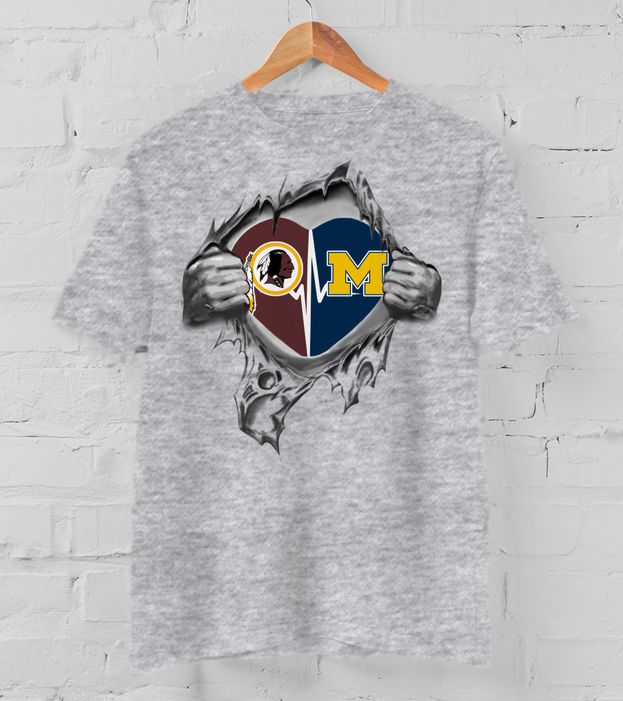 Michigan Wolverines Washington Commanders Heartbeat Logo Fusion T-Shirt