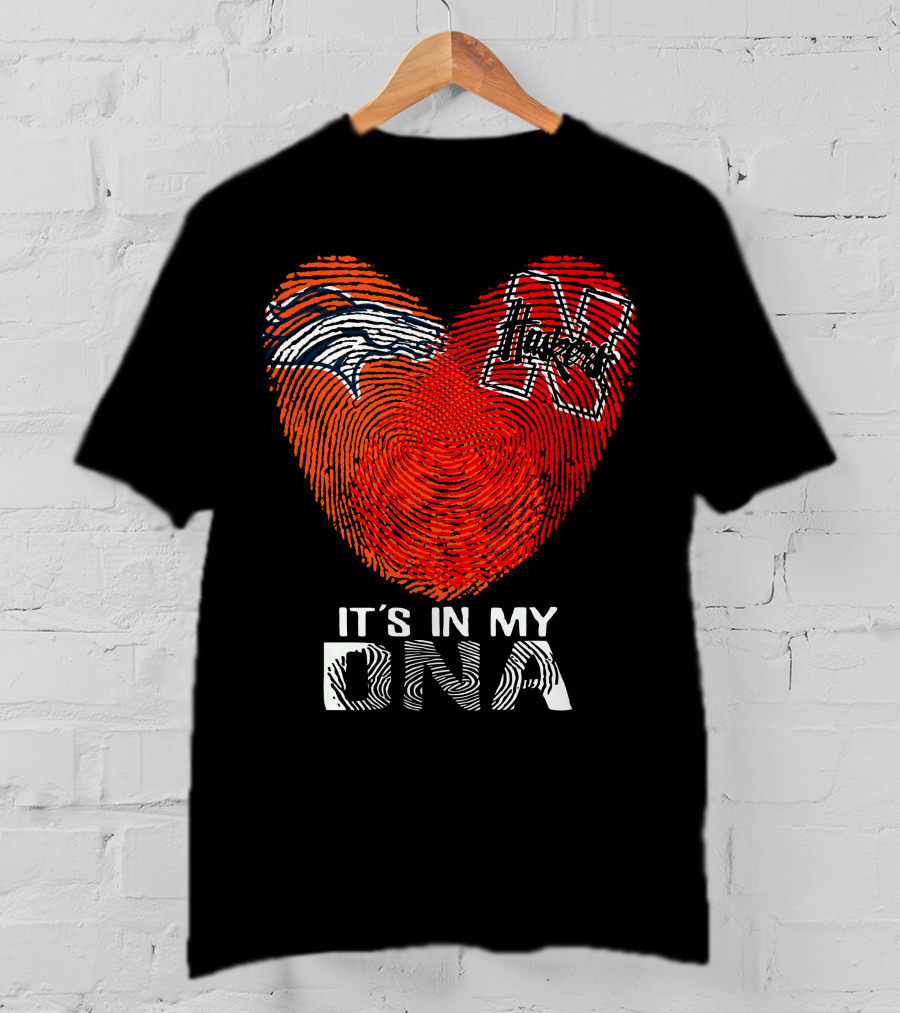 Denver Broncos Nebraska Cornhuskers Heart Thumbprint It's In My DNA T-Shirt