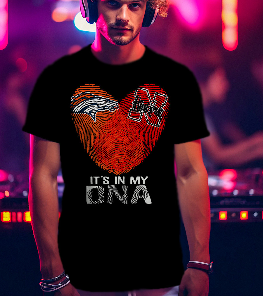 Denver Broncos Nebraska Cornhuskers Heart Thumbprint It's In My DNA T-Shirt