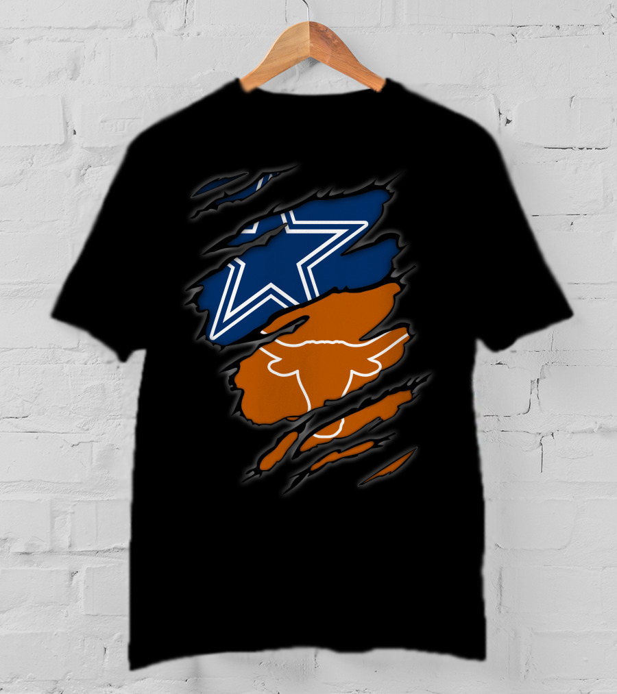 Cowboys Star And Texas Longhorns Logo Peeking Through Ripped T-Shirt
