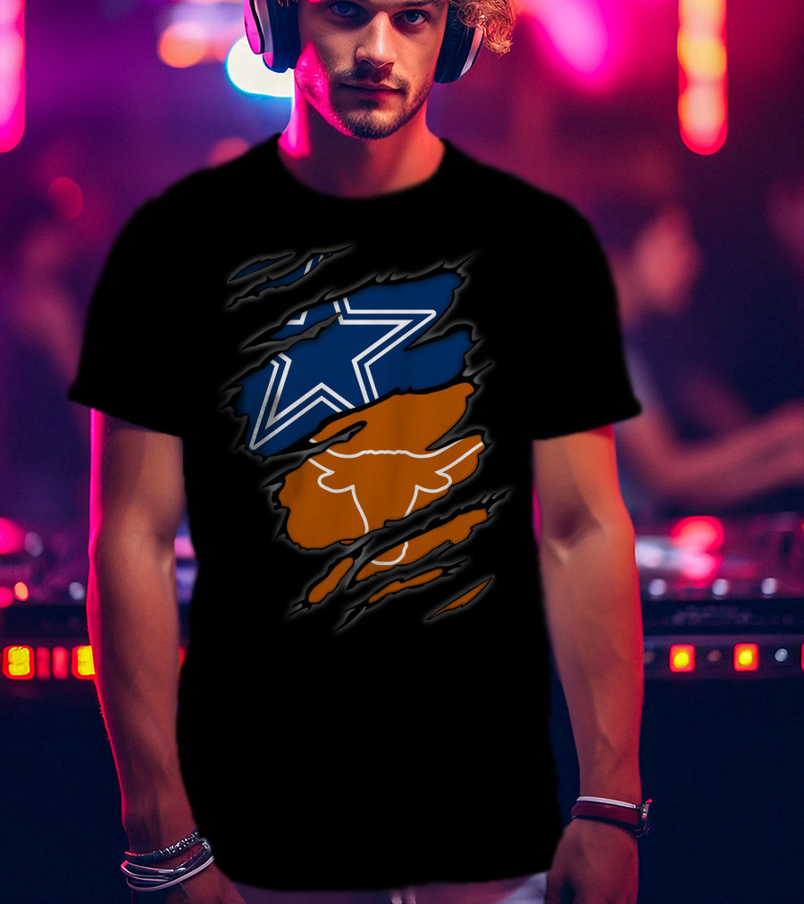 Cowboys Star And Texas Longhorns Logo Peeking Through Ripped T-Shirt