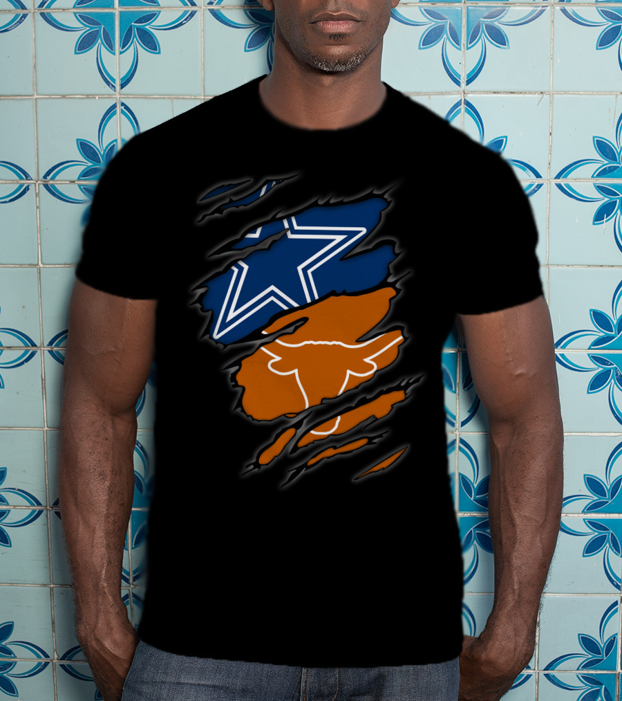 Cowboys Star And Texas Longhorns Logo Peeking Through Ripped T-Shirt