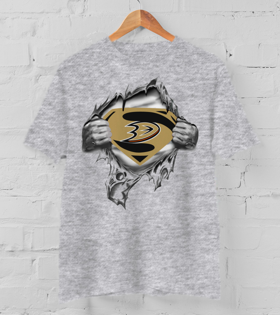 Anaheim Ducks Super Man Emblem Styled Logo Display T-Shirt