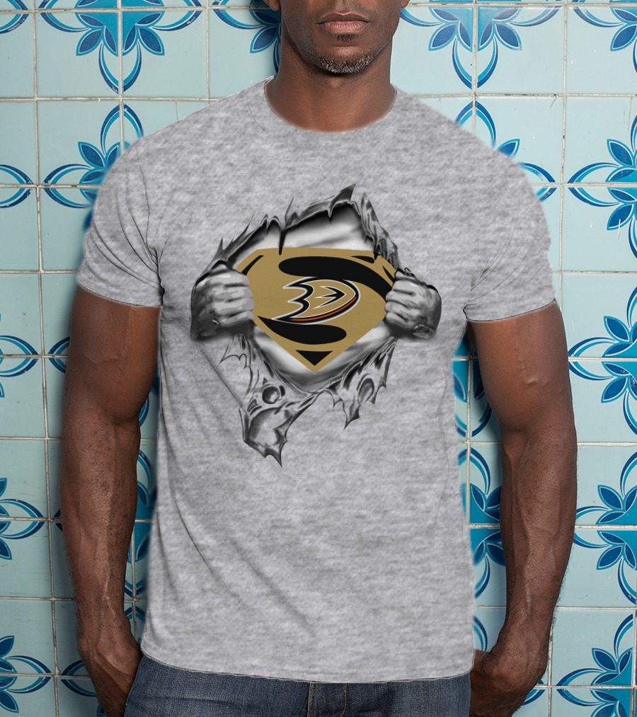 Anaheim Ducks Super Man Emblem Styled Logo Display T-Shirt