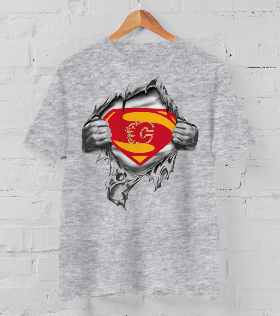 Calgary Flames Superman Logo Peeking Through Ripped Costume T-Shirt