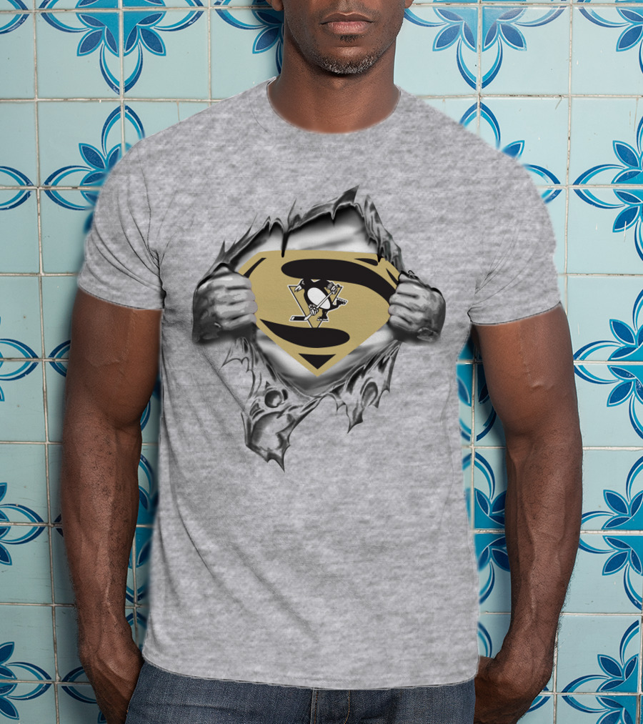 Pittsburgh Penguins Superman Emblem Unveiling Hockey Fan Fusion T-Shirt