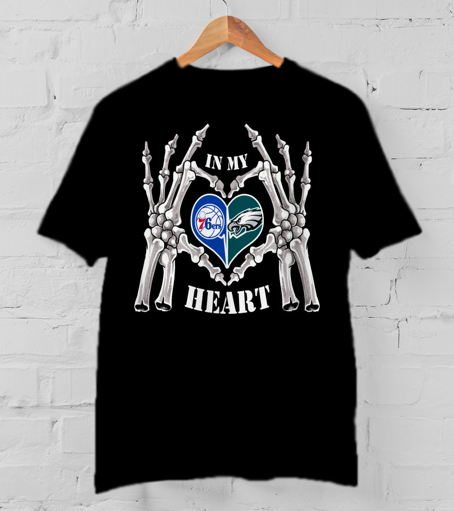 Eagles 76Ers Logos In Skeleton Heart Hands T-Shirt