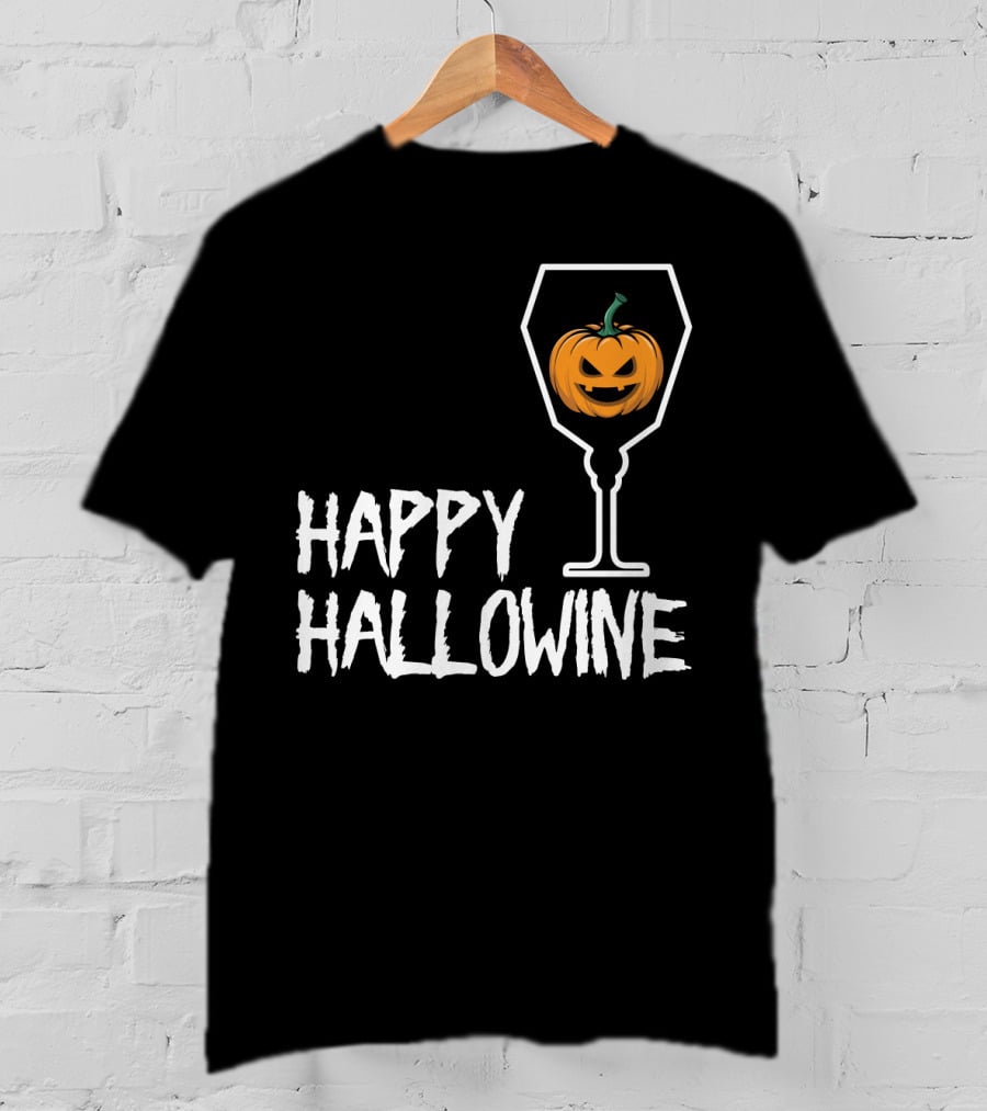 Happy Hallowine Jack-o'-Lantern Wine Glass Halloween Drinking Lover T-Shirt