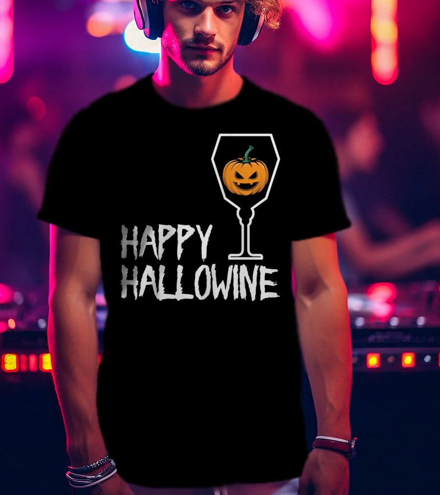 Happy Hallowine Jack-o'-Lantern Wine Glass Halloween Drinking Lover T-Shirt