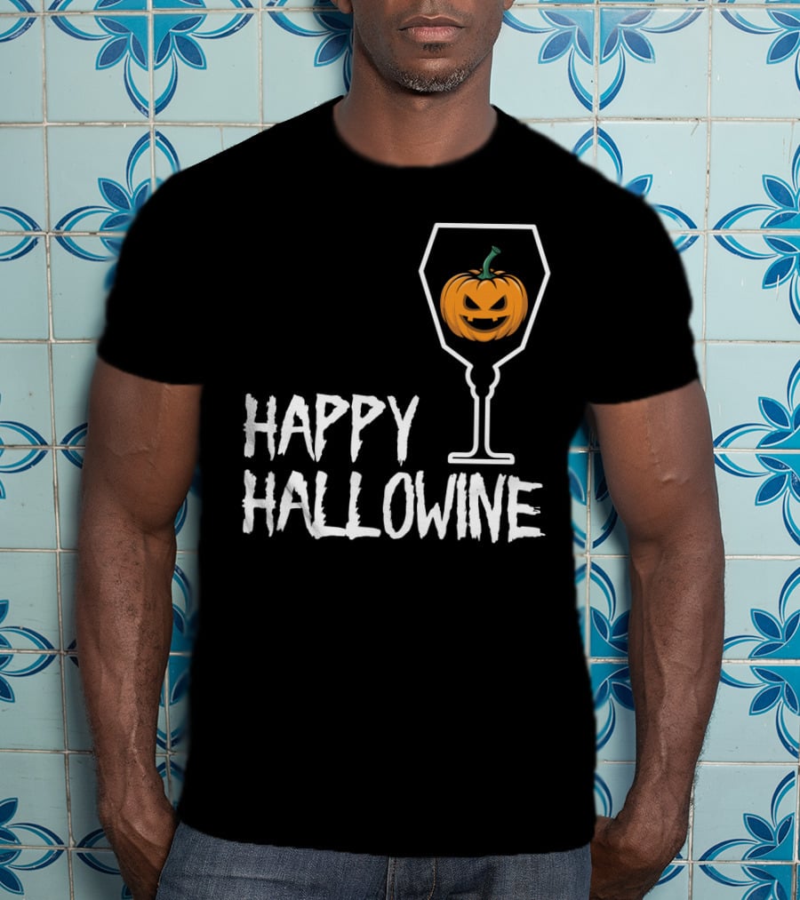 Happy Hallowine Jack-o'-Lantern Wine Glass Halloween Drinking Lover T-Shirt