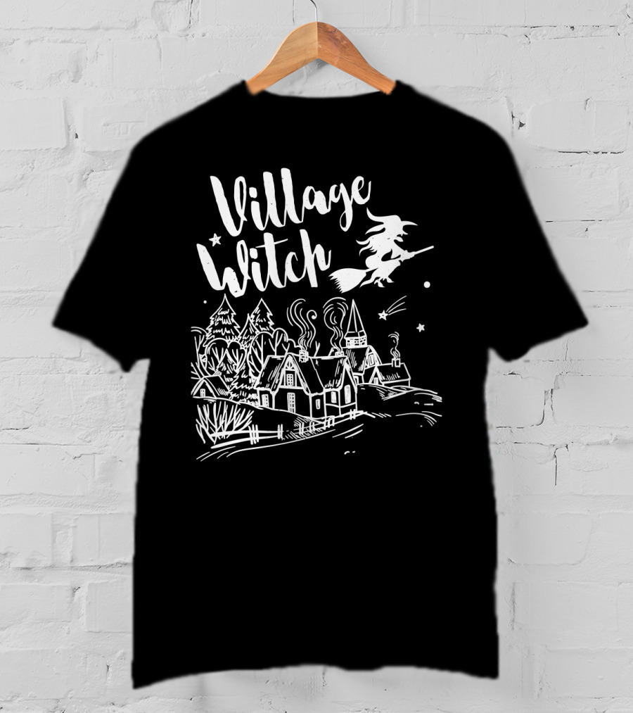 Village Witch Flying Over Enchanted Village Scene T-Shirt