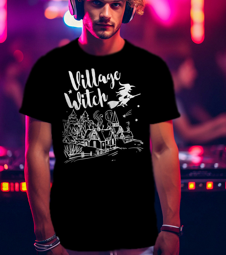 Village Witch Flying Over Enchanted Village Scene T-Shirt
