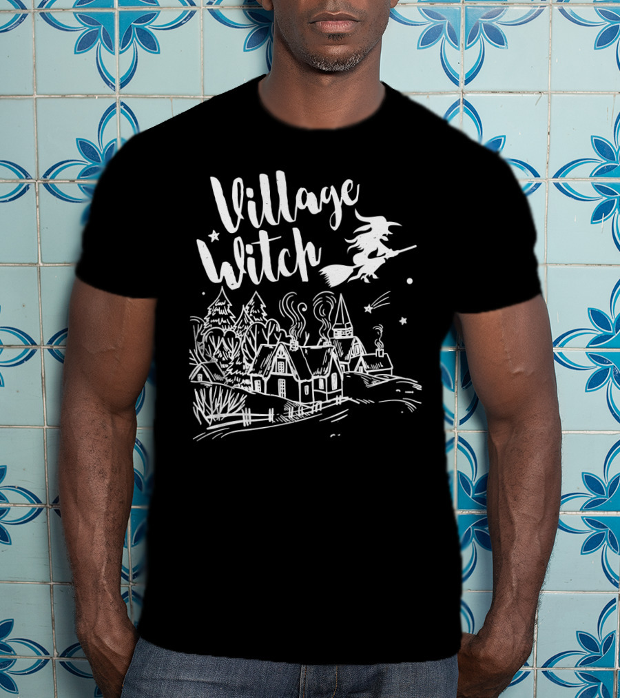 Village Witch Flying Over Enchanted Village Scene T-Shirt
