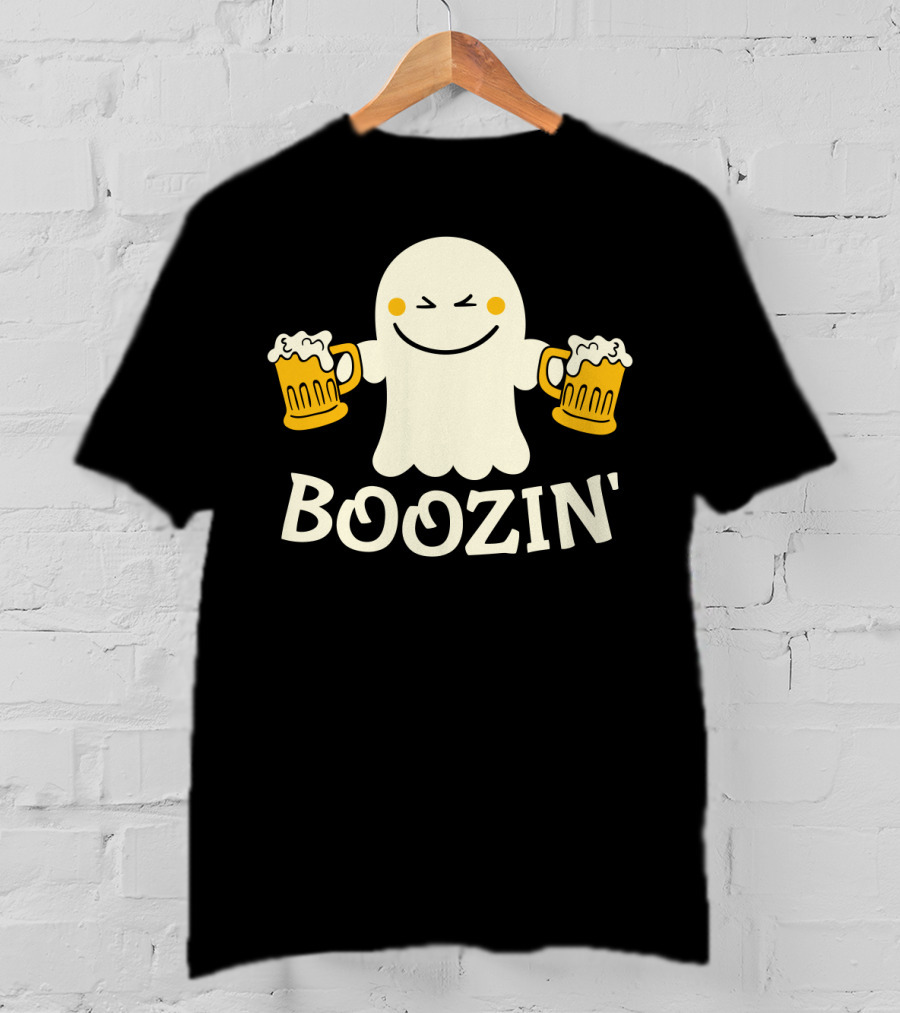 Boozin Ghost With Beer Mugs Halloween Fun T-Shirt